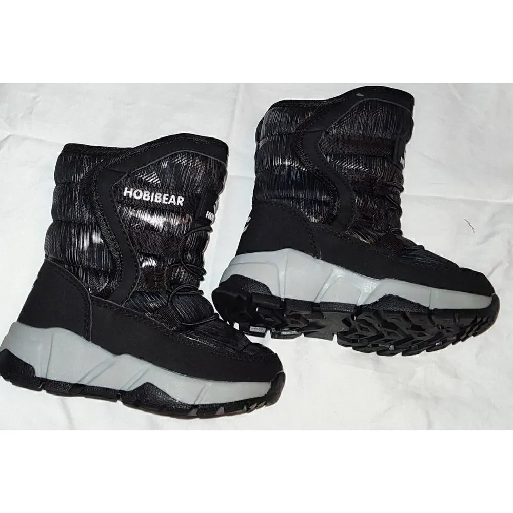 New HOBIBEAR BOY/GIRL SNOW BOOTS BLACK/GRAY CAMOUFLAGE FAUX FUR LINED US SIZE 9.